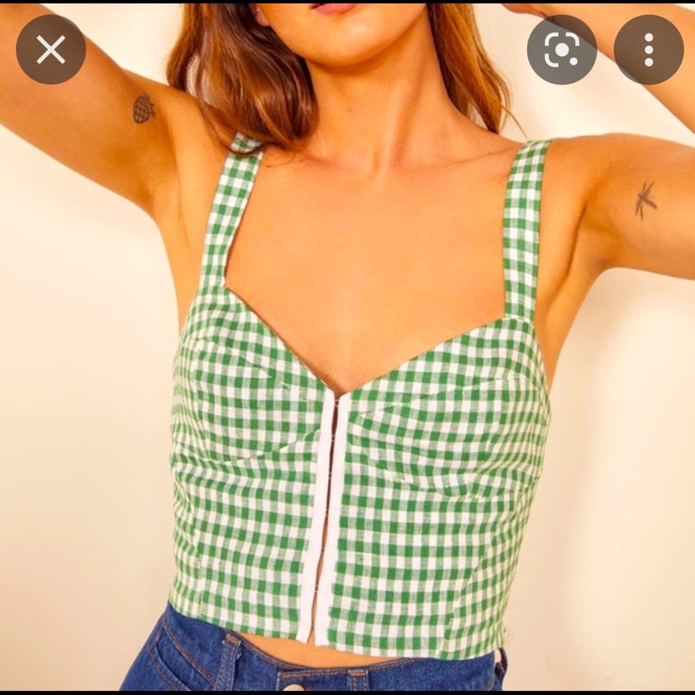 Reformation Vittoria Top in Green & White checkered pattern